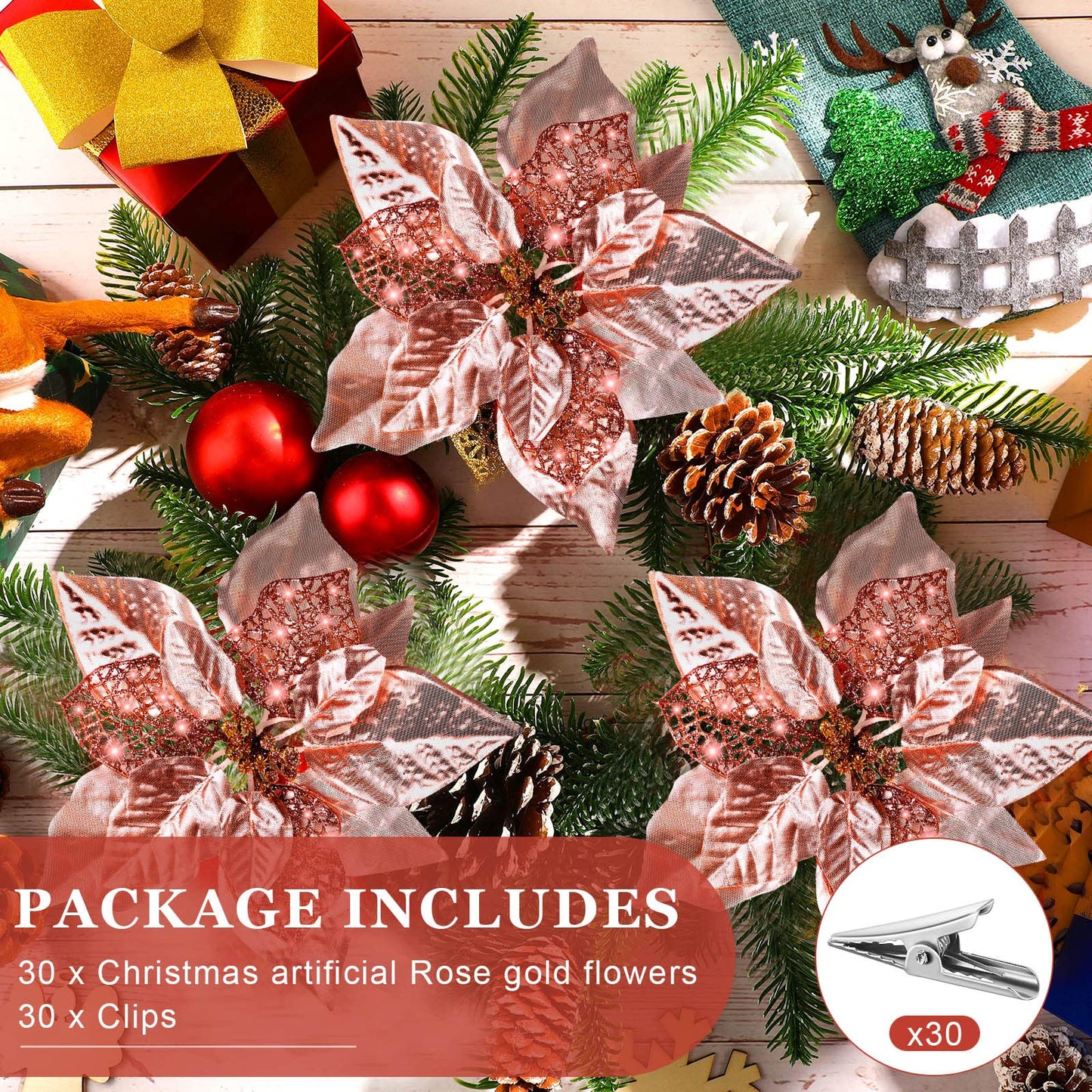 30 Pieces 8 Inches Large Christmas Artificial Poinsettia Flower Christmas Tree Glitter Faux Flowers Floral Wreath Garland Xmas Tree Ornaments for Wedding Holiday Wreath DIY (Rose Gold)