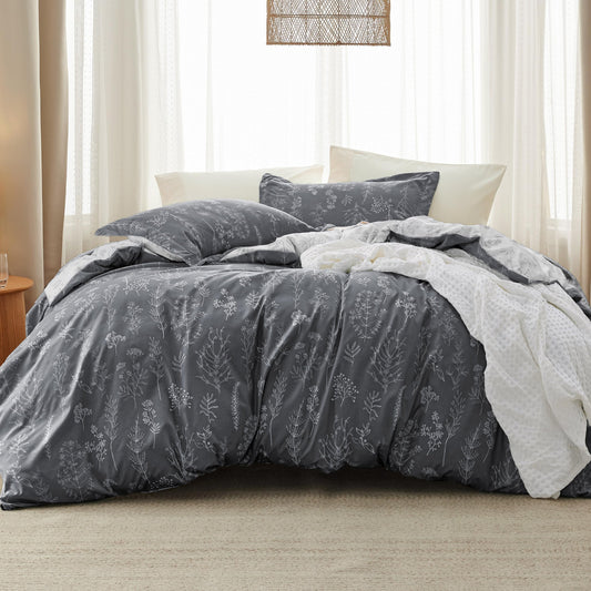 Bedsure Twin/Twin XL Comforter Set Dorm Bedding - Dark Grey Comforter, Floral Twin/Twin Extra Long Bedding Comforter Set, 2 Pieces, 1 Reversible Botanical Flowers Comforter and 1 Pillow Sham