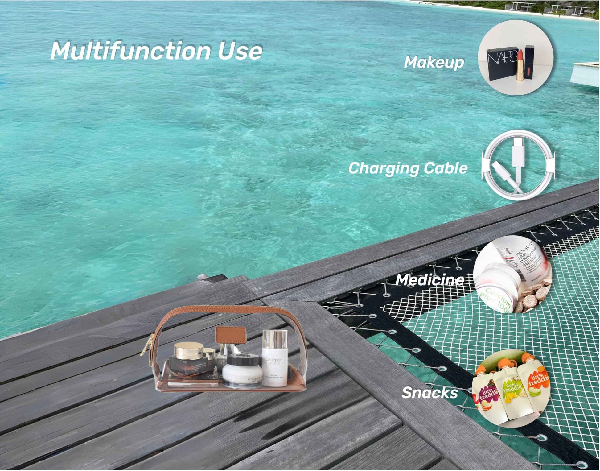 CONLINGDA Clear Makeup Bag, Leather Makeup Case, Travel Toiletry Bag, Portable Cosmetic Bag, Transparent Waterproof Cosmetic Organizer Storage Bag (Brown, Large)