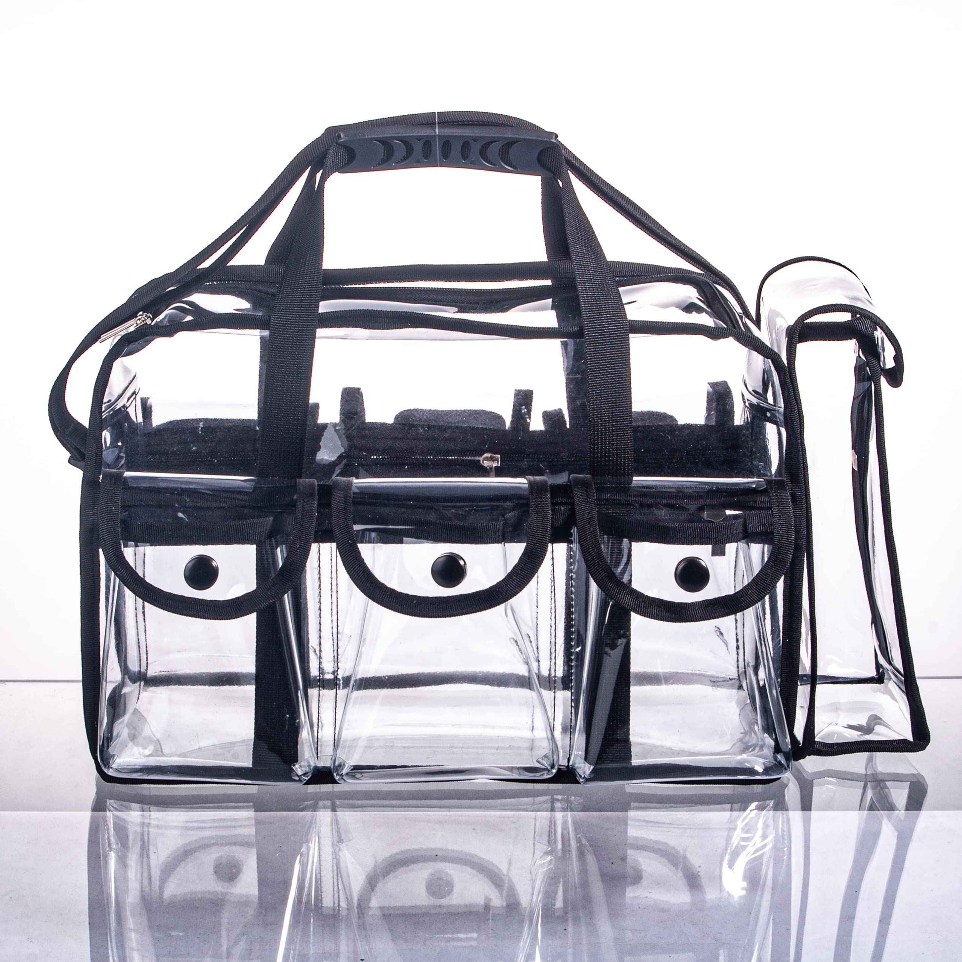 Wide Open Large Professional Clear PVC Travel Makeup Artist Set Bag Cosmetic Nails Beauty Bags Transparent Vinyl Tool Organizer Beach Bags Diaper Bag with 6 External Pockets & Strap (Black)