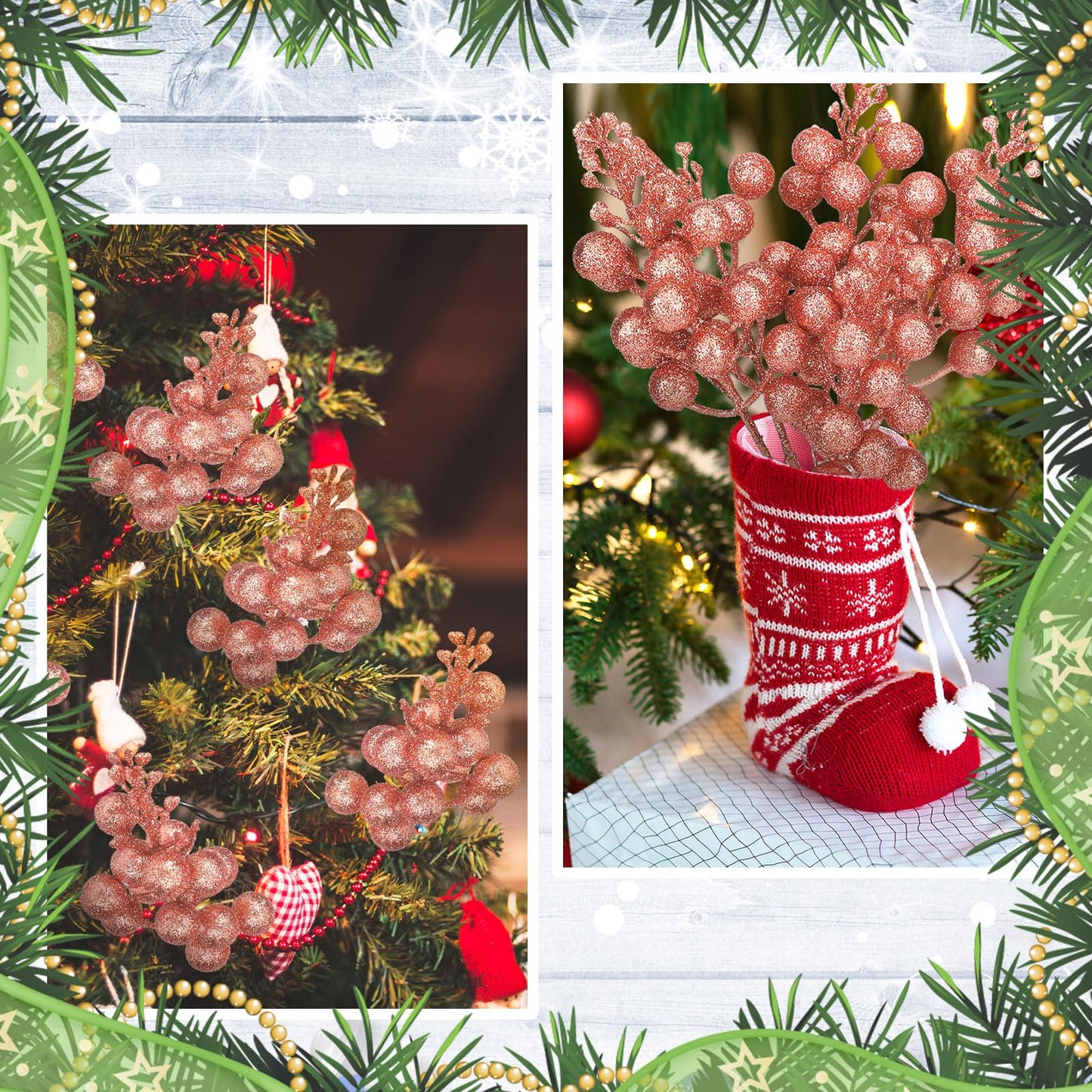 80 Pcs Artificial Glitter Christmas Berries Stems 8.46 Inch Christmas Berry Branches Sprays Faux Berry Sprig Picks Winter Floral Picks for DIY Xmas Tree Ornaments Christmas Wreath Decor(Rose Gold)