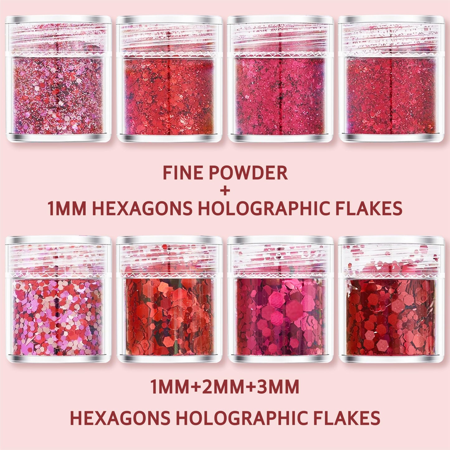 GABOX 8 Jars Ruby Red Cosmetic Chunky Glitter Set, Holographic Body Nail Resin Glitter Fine Powder +1mm+2mm+3mm Sequins Flakes, Wine Red Iridescent Art Glitter Set for Face Eyes Hair Crafts