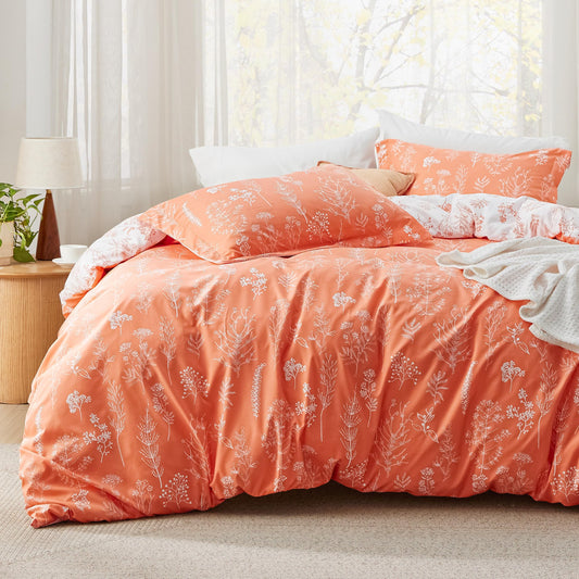 Bedsure Twin/Twin XL Comforter Set Dorm Bedding - Coral Orange Comforter, Floral Twin/Twin Extra Long Bedding Comforter Set, 2 Pieces, 1 Reversible Botanical Flowers Comforter and 1 Pillow Sham