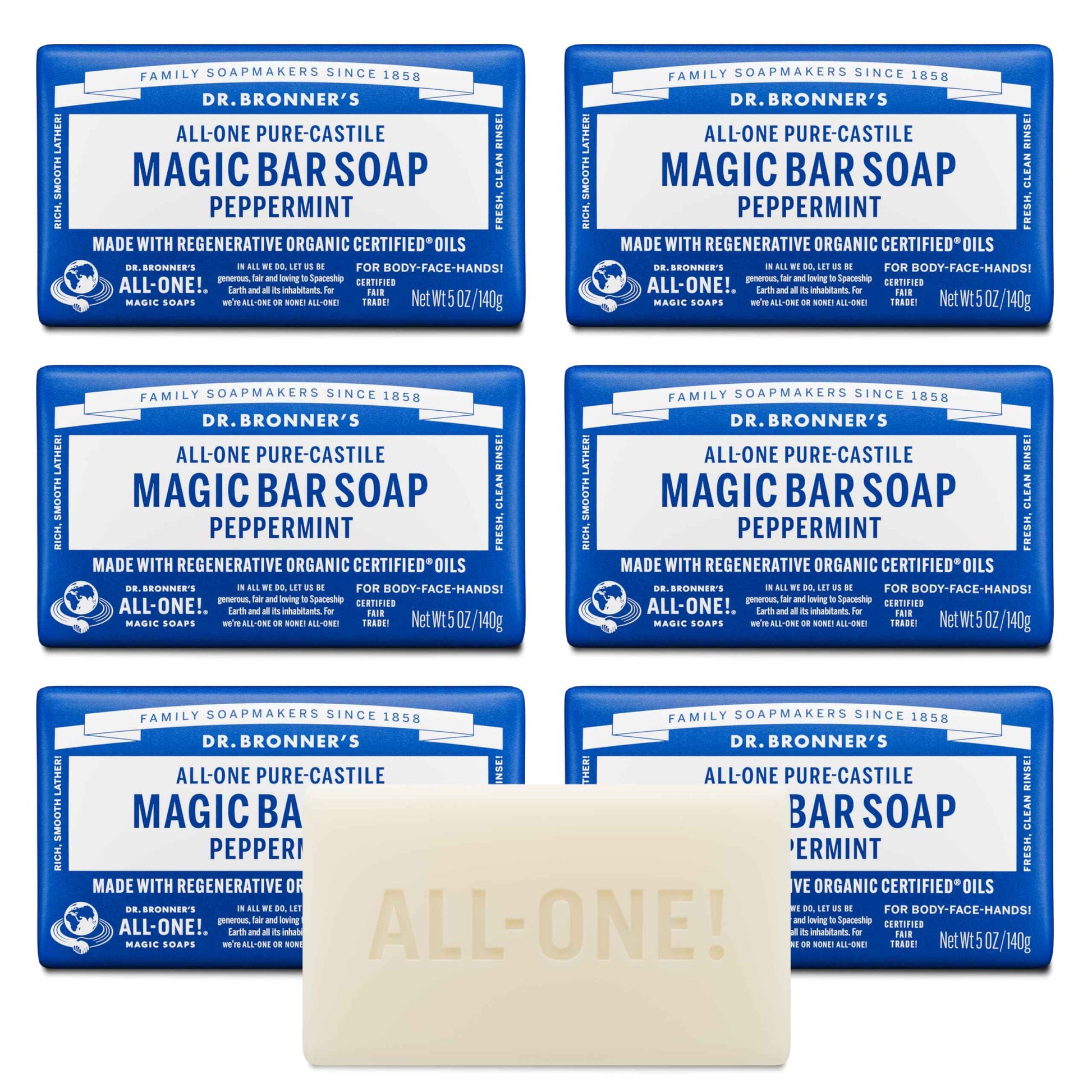 Dr. Bronner's Pure-Castile Magic Soap Bars (Peppermint, 5 oz, 6-Pack) - Made with Regenerative Organic Certified Oils - For Face, Body & Hair - Gentle, Vegan - Bar Soaps for Men & Women