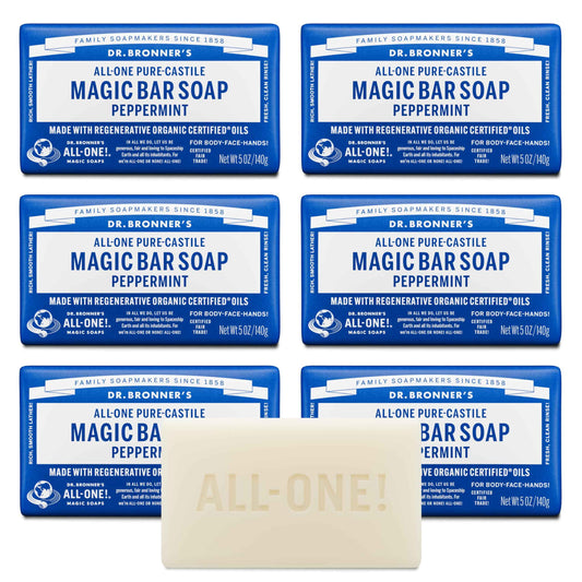 Dr. Bronner's Pure-Castile Magic Soap Bars (Peppermint, 5 oz, 6-Pack) - Made with Regenerative Organic Certified Oils - For Face, Body & Hair - Gentle, Vegan - Bar Soaps for Men & Women