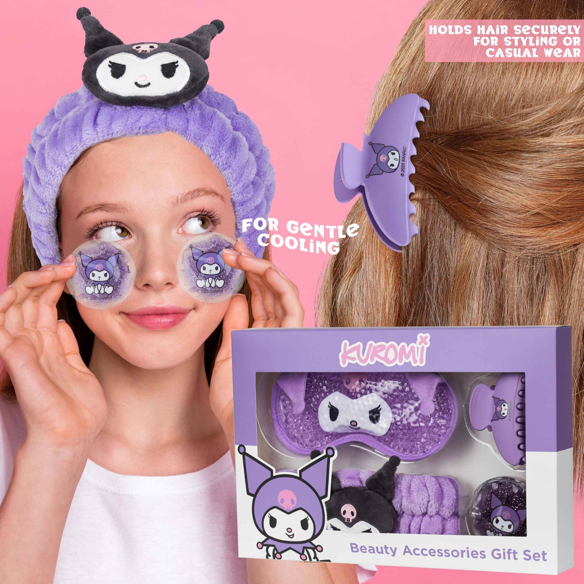 Hello Kitty Sanrio Kuromi Beauty Set for Women, Teens with Cooling Gel Eye Mask, Plush Skincare Headband, Claw Clip, Eye Pads, Kawaii Gifts for Women (Purple Kuromi)