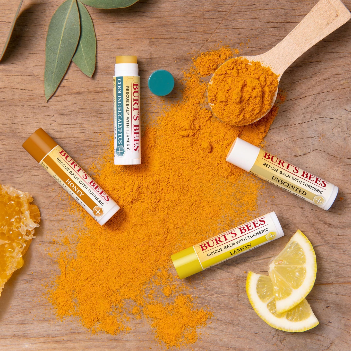 Burt's Bees 100% Natural Origin Rescue Lip Balm With Beeswax and Antioxidant-Rich Turmeric Promotes Healing Of Extremely Dry Lips, Cooling Eucalyptus, 2 Tubes in Blister Box(Pack May Vary)