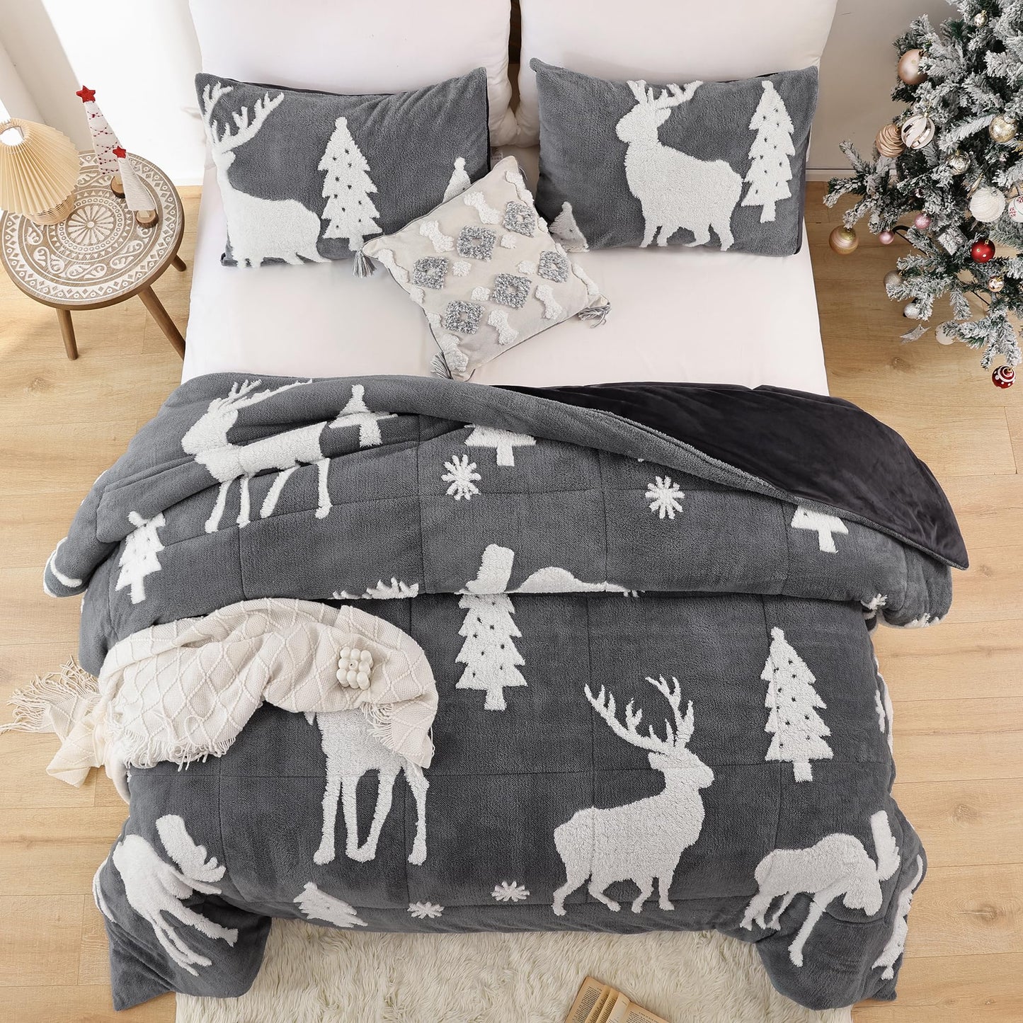 JANZAA Christmas Bedding Queen Comforter Set with Christmas Tree and Deer Stereoscopic on Grey Comforter Soft Velvet Comforter Set