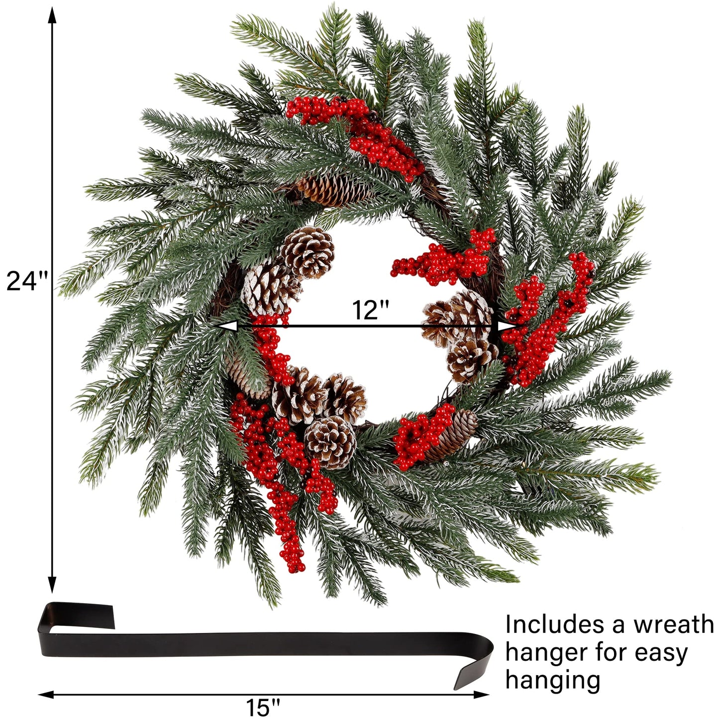 winemana 24 Inch Pre-Lit Christmas Wreath with Hanger, Timer, Pine Cone and Red Berries, Battery-Operated 20 LED Lighted Artificial Wreath Decoration for Front Door Mantel Xmas Party