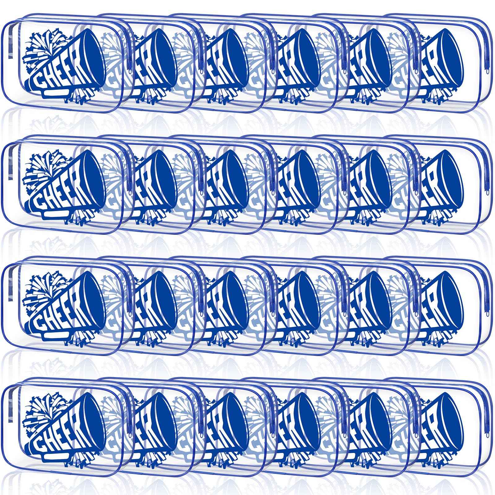 Kacctyen 24 Pcs Cheer Makeup Bag Cheer Gifts Bulk for Team 7 x 4.7 x 2.4'' Cosmetic Bag Cheerleader PVC Makeup Case Clear Toiletry Zipper Pouch for Cheerleading Teammates Party Supplies (Blue)