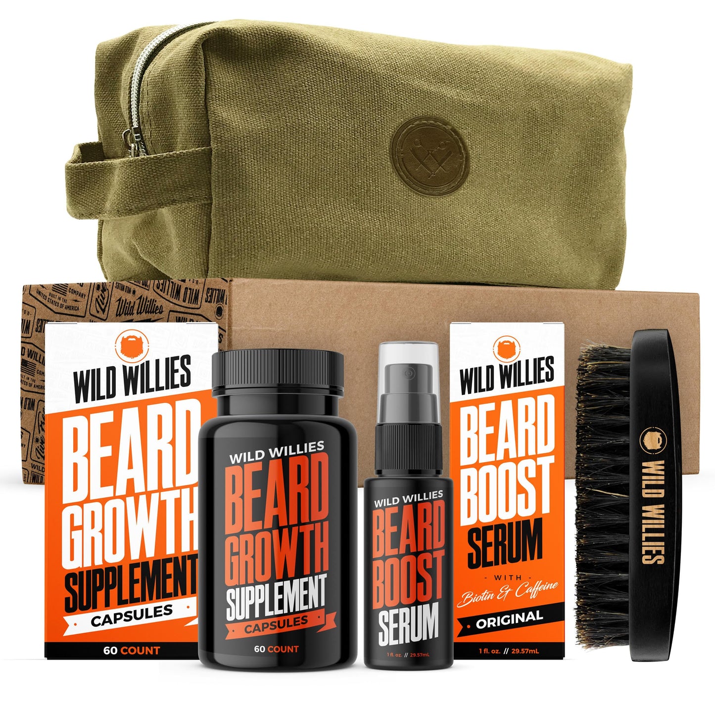 Wild Willies Beard Grooming Kit - Beard Growth Serum, Boar Bristle Brush, Supplement, and Travel Bag