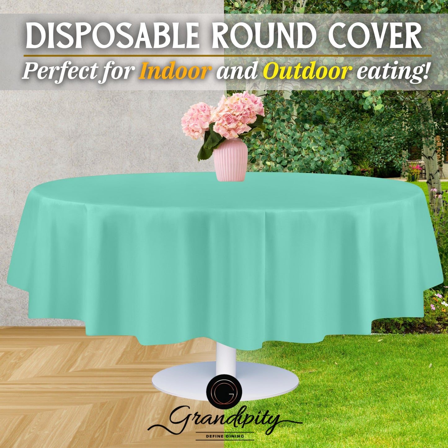 Grandipity Aqua 12 Pack Premium Disposable Plastic Tablecloth 84" Inch Decorative Round Table Cover