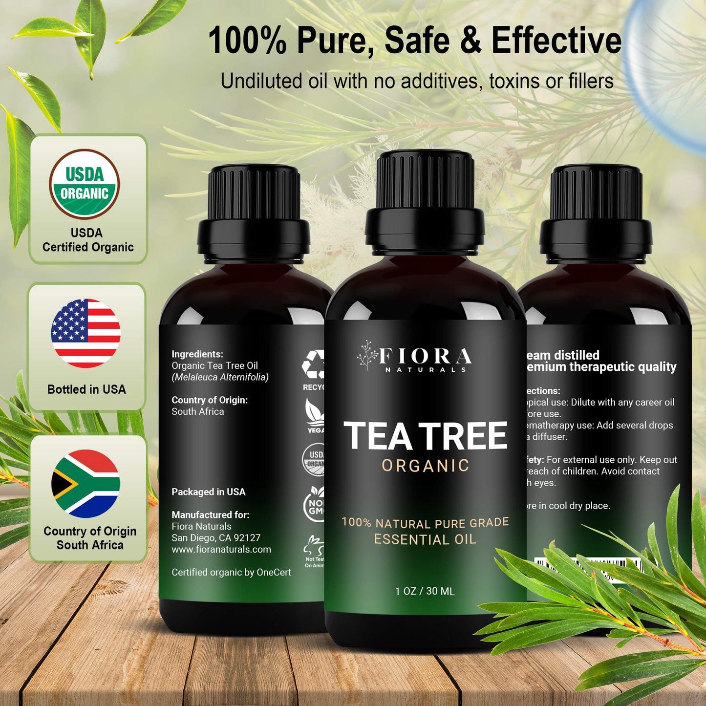 Tea Tree Essential Oil by Fiora Naturals- 100% Pure Organic Oil, for Face, Hair, Skin, Acne, Scalp, Foot and Toenails. Melaleuca Alternifolia, 1 oz /30ml