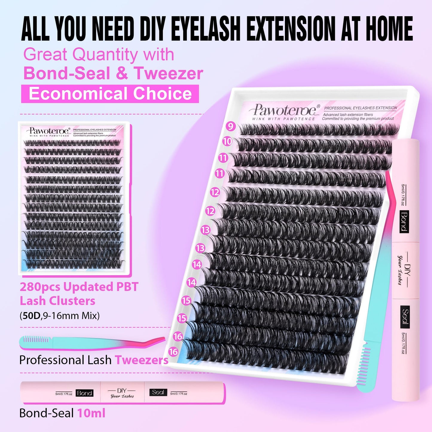 Pawotence Lash Extension Kit DIY 280pcs Individual Lash Clusters Kit 50D Curl 9-16mm Cluster Eyelash Extension Kit with Lash Bond and Seal and Lash Tweezers for Self Application(50D-0.07D-9-16MIX KIT)