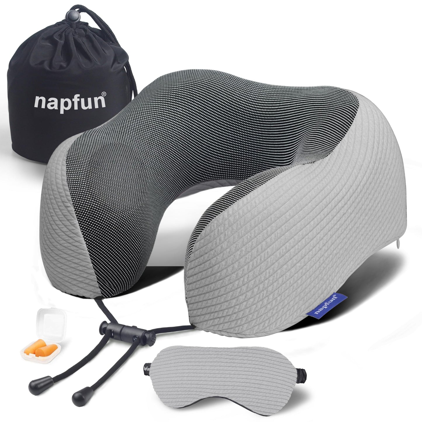 napfun Neck Pillow for Traveling, Upgraded Travel Neck Pillow for Airplane 100% Pure Memory Foam Travel Pillow for Flight Headrest Sleep, Portable Plane Accessories, Striped Light Grey