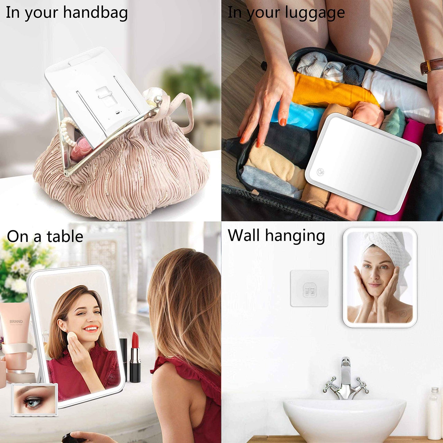 KOOKIN Lighted Vanity Makeup Mirror with Lights 3 Color Lighting Modes Rechargeable Touch Screen Adjustable Tabletop Wall Hanging Led Light Up Mirror with Mini 5X Hand Mirror