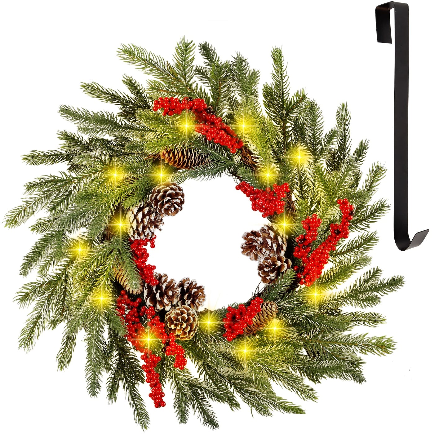 winemana 24 Inch Pre-Lit Christmas Wreath with Hanger, Timer, Pine Cone and Red Berries, Battery-Operated 20 LED Lighted Artificial Wreath Decoration for Front Door Mantel Xmas Party