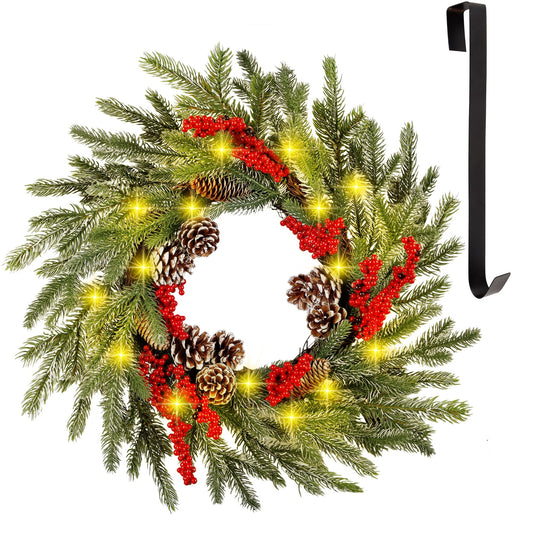 winemana 24 Inch Pre-Lit Christmas Wreath with Hanger, Timer, Pine Cone and Red Berries, Battery-Operated 20 LED Lighted Artificial Wreath Decoration for Front Door Mantel Xmas Party