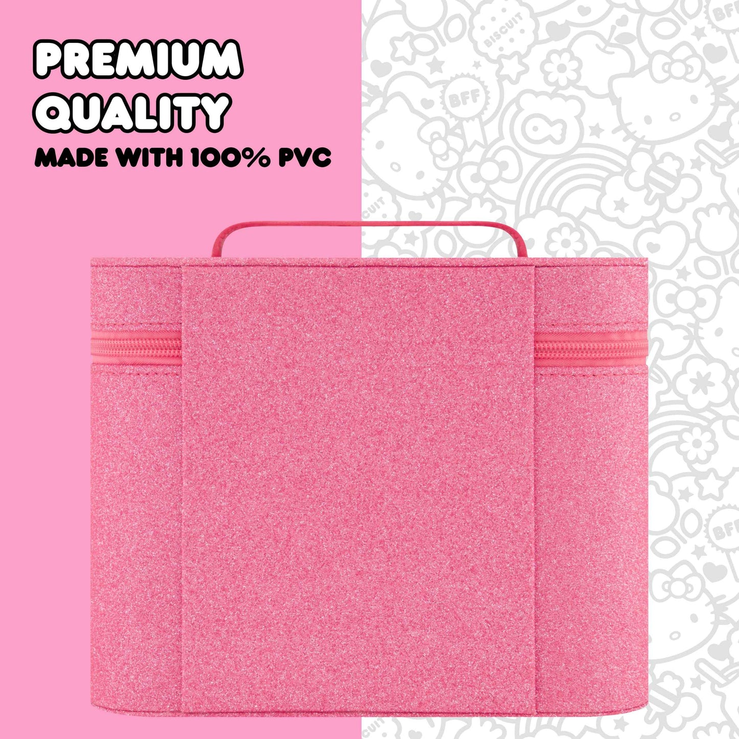 Hello Kitty Large Cosmetic Travel Case Organizer, Portable Makeup Box with Mirror and Dual Zipper, Pink