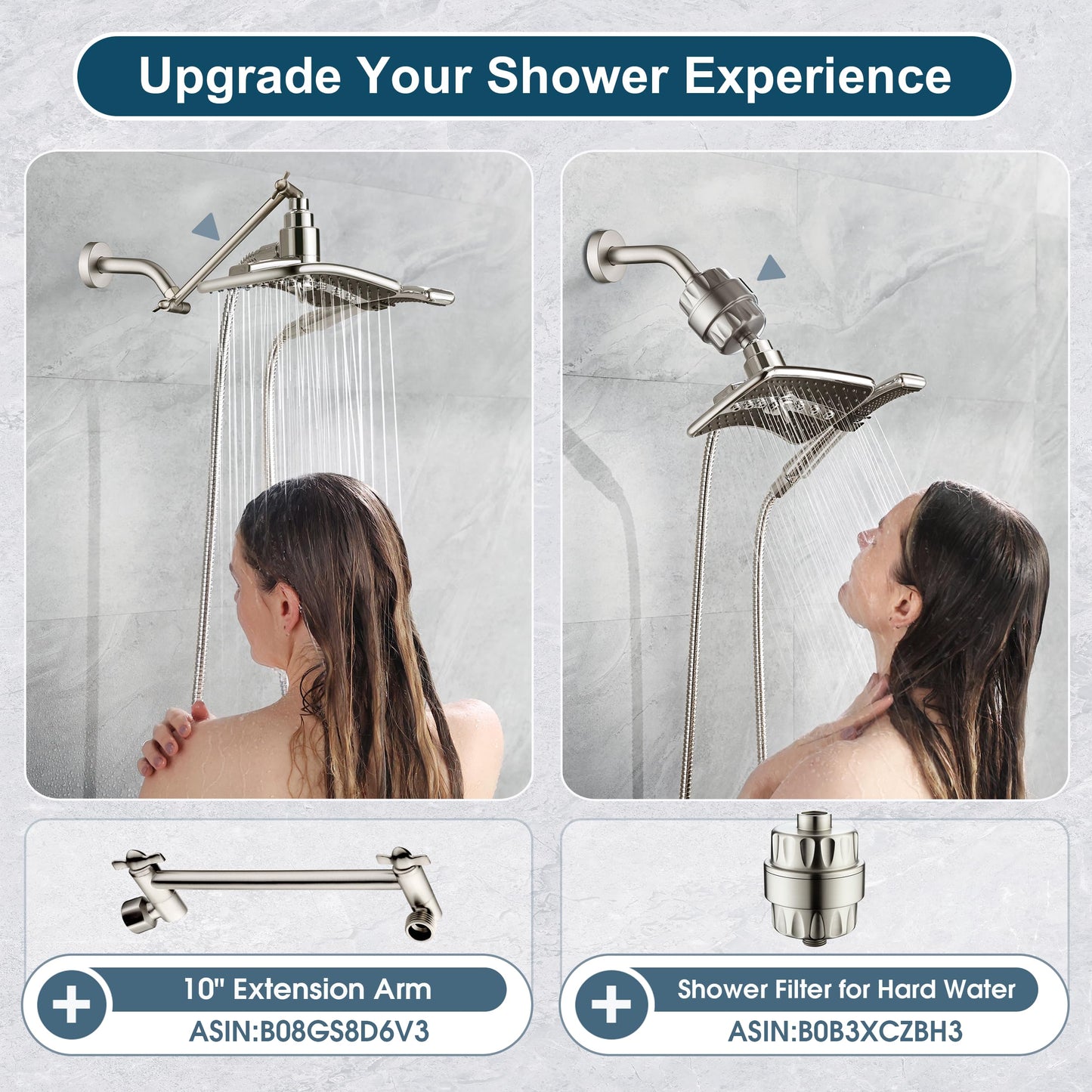 BRIGHT SHOWERS Shower Head Combo with Two Spray Setting , Fixed Shower Head and Handheld with Grey Face, Brushed Nickel