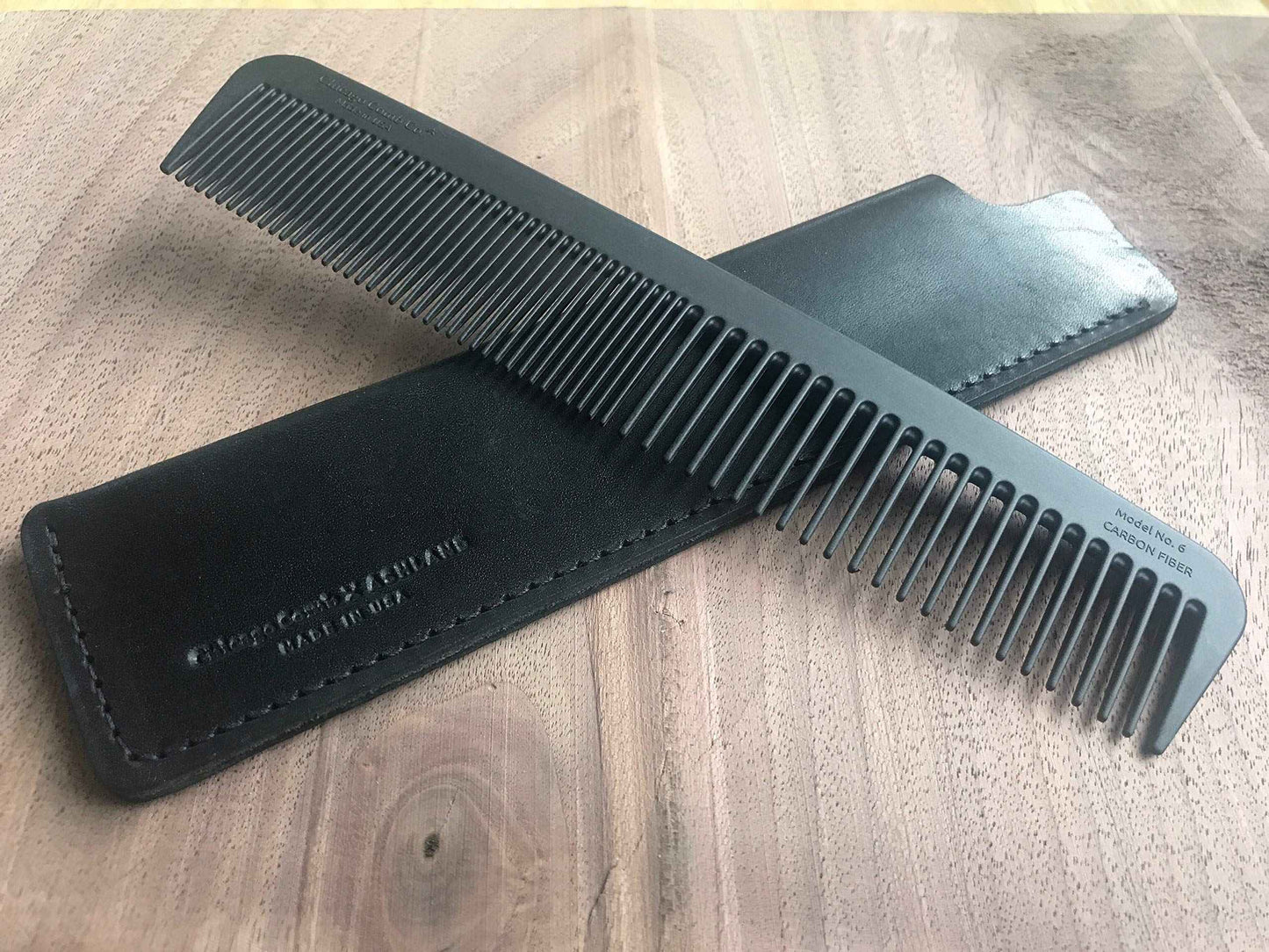 Chicago Comb Model 6 Carbon Fiber Comb + Dublin Black Horween leather sheath, Made in USA, ultimate styling comb, for men & women, smooth strong & light, anti-static, American-made leather case