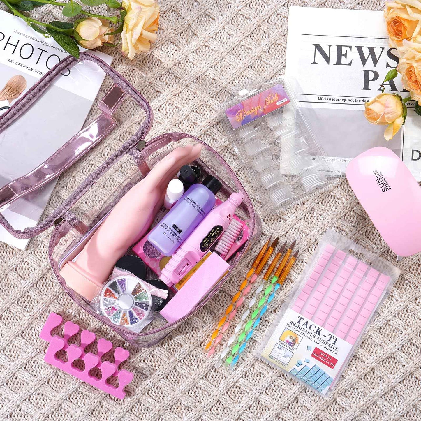 Nail Kit for Beginners with Everything: Practice Hand Acrylic Nail Set Professional Powder Drill Liquid Starter Kits with U V Lamp in Cosmetic Gift Bag for Women Salon Home (Pink)