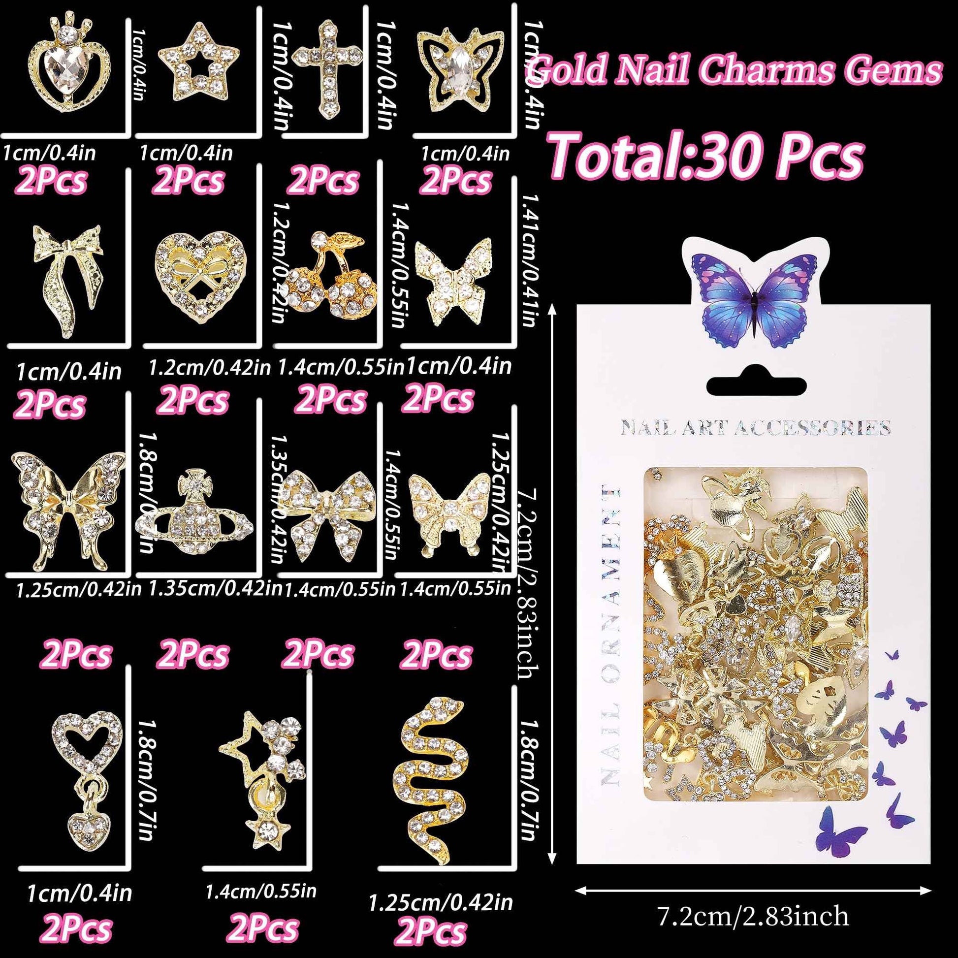 COOSLIM 30 Pcs 3D Y2K Nail Charms, Gold Cross Butterfly Star Cherry Heart Snake Nail Gems Charms, Bows Planet Nail Art Charms Rhinestones for Nail Art Design DIY Accessories B