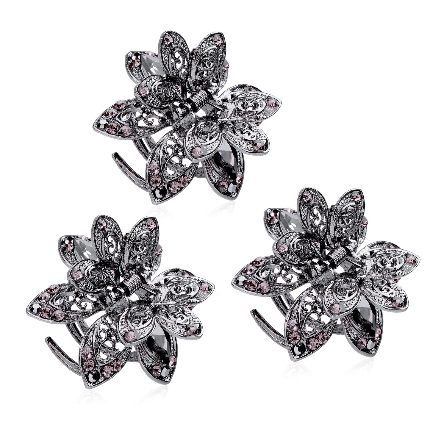 MOTZU 3 Pack Mini Jaw Clips, 1.5 inch Metal Crystal Hair Claws, Non-Slip Flower Barrette, Vintage Metal Rhinestone Hair Clip Accessories for Women Girls, Grey