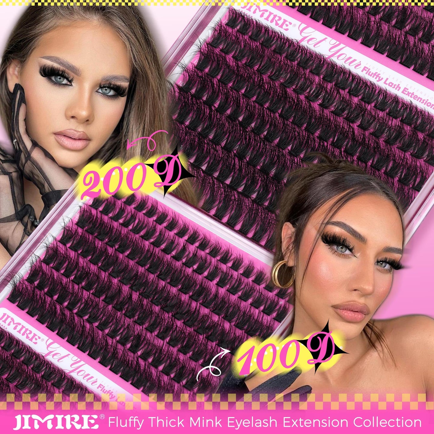 DIY Eyelash Extension Kit Fluffy Lash Clusters Kit Volume D Curl Lash Extensions Kit with Lash Glue Bond and Seal 280Pcs Cluster Eyelash Extensions Kit DIY at Home by JIMIRE(80D+100D,10-18MM)