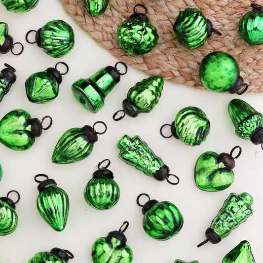 25 Pieces Glass Green Christmas Ornaments Decorative Mini Vintage Bulk Hanging Ornaments for Halloween, Christmas Tree, New Year, Valentine Day, Holidays, Event and Wedding Party Decor