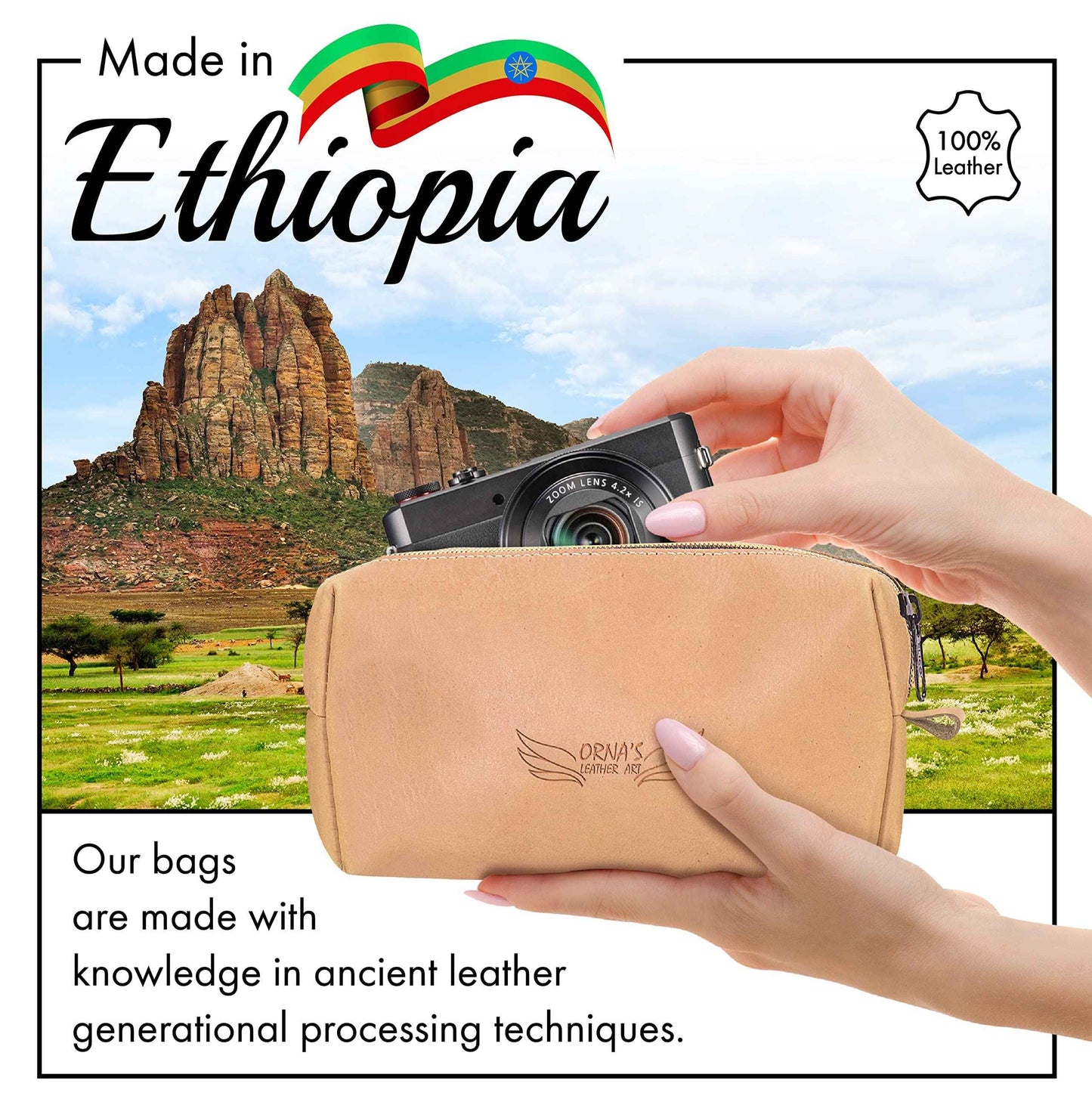 ORNA'S LEATHER ART WOODPECKER UNISEX SAND POUCH: Real Cowhide Men’s Women’s Tan Portable Toiletry Makeup Travel Case, Stylish, Handcrafted, Spacious, Zipper Close