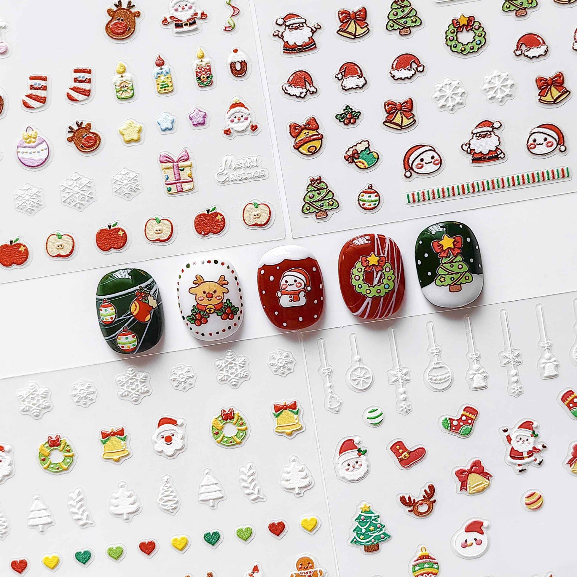 4 Sheets of 3D Christmas Nail Stickers - 258 Cute Nail Decals - Embossed Kawaii Nail Stickers for Kids | Cute Holiday Theme - Santa, Reindeer, Snowman, Gifts, Candy Cane | Glow in The Dark