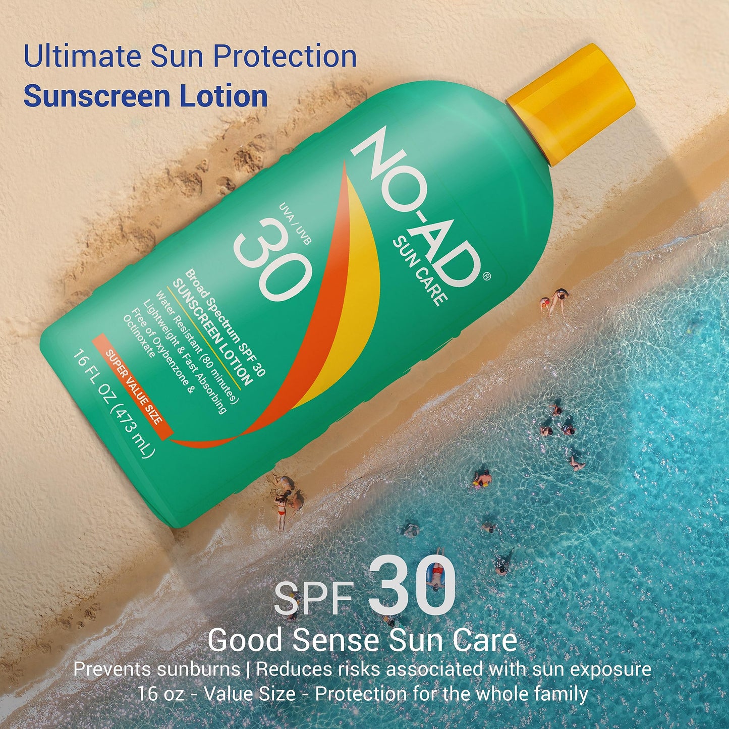 NO-AD SPF 30 Sunscreen Lotion | Broad Spectrum UVA/UVB Protection Water Resistant | Octinoxate & Oxybenzone Free with moisturizing Vitamin E and Aloe 16oz