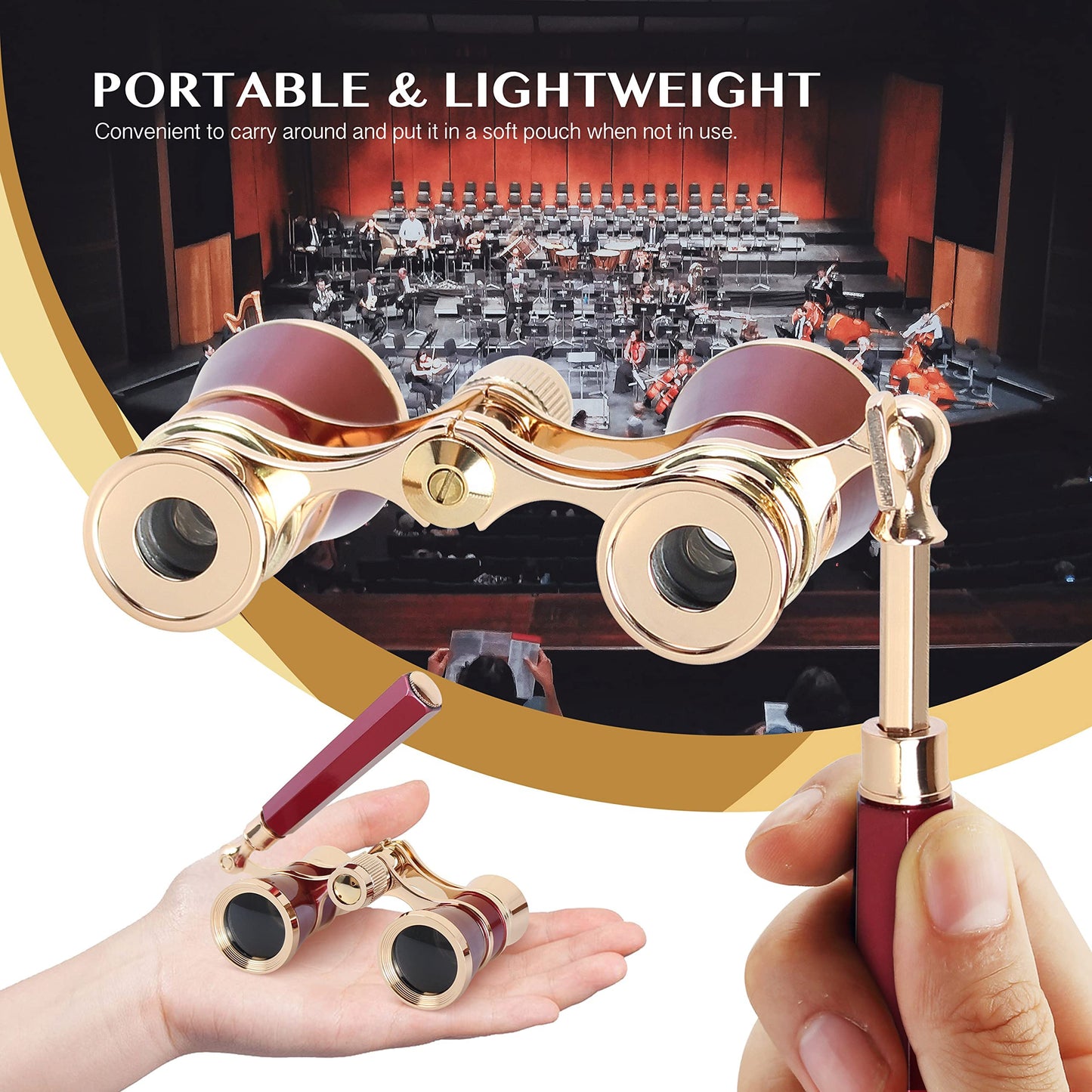 Yourelexit® Opera Glasses Binoculars Lorgnette Theater Optical Glasses Mini Compact Lightweight Built-in Foldable Adjustable Handle with Neck Chain Vintage Adults Kids Women in Musical Concert Cinema