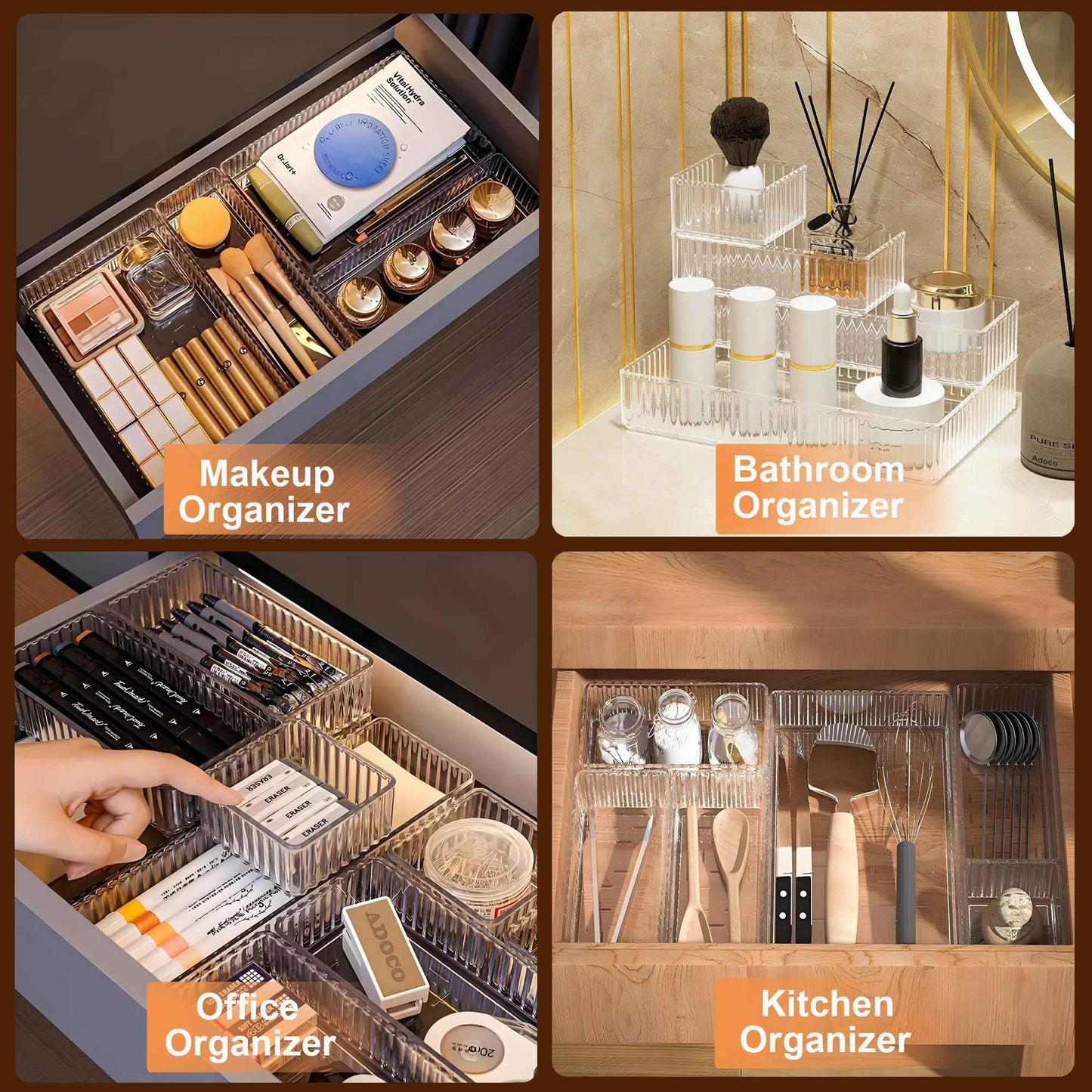 Adoco 7 PCS Clear Drawer Organizers Bins, 4-Size Stackable Makeup Vanity Drawer Organizer Trays, Acrylic Bathroom Drawer Organizer Storage Containers for Cosmetic,Office Supply