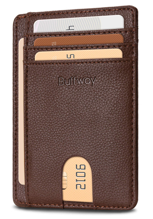 Buffway Slim Minimalist Front Pocket RFID Blocking Leather Wallets for Men and Women - Lichee Coffee