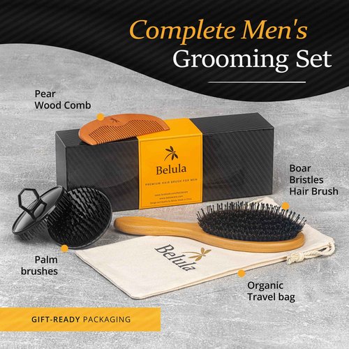 Belula Men's Hair Grooming Set: Boar Bristle Brush, Nylon Pin Brush, Wooden Comb, and Travel Bag for Styling