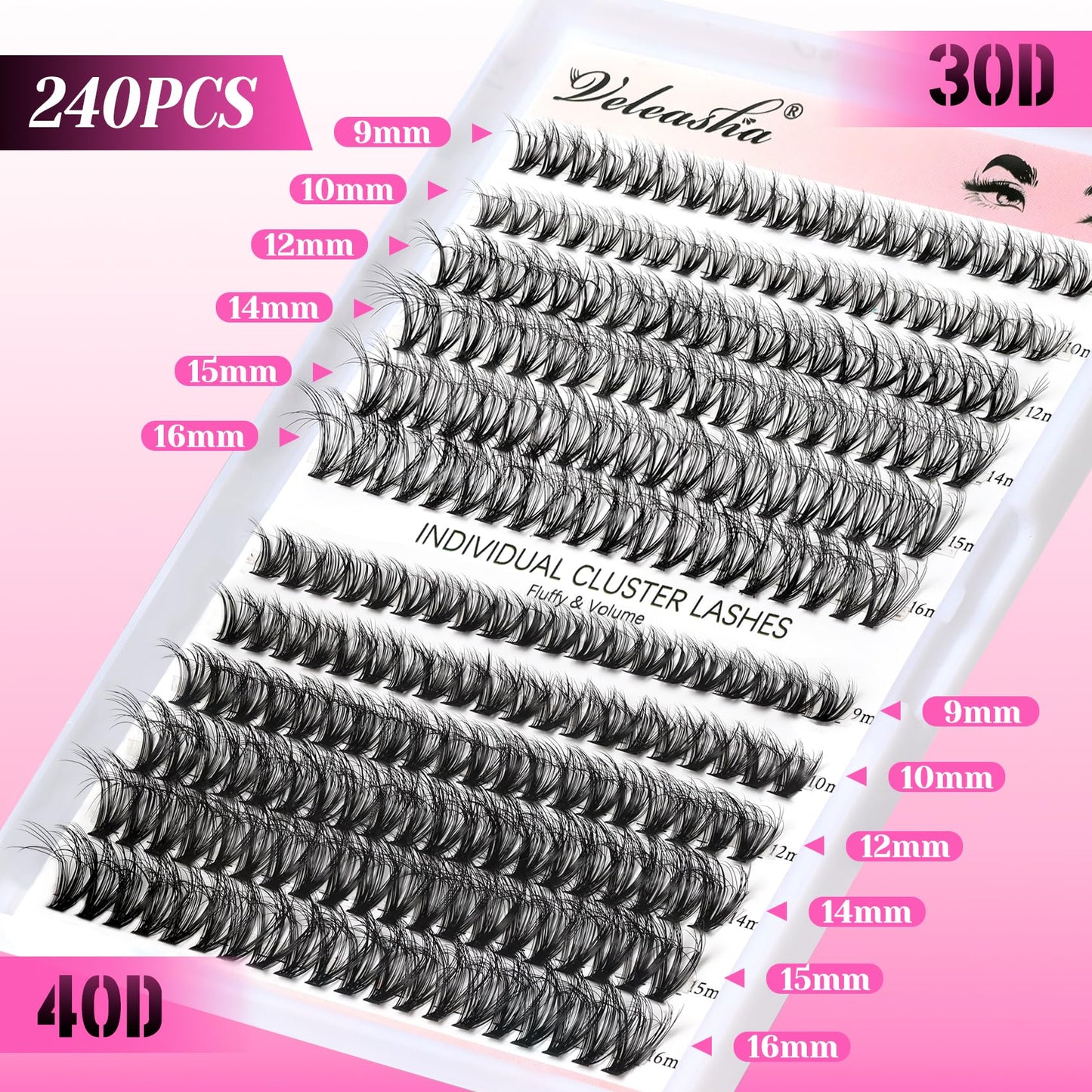 Veleasha Lash Clusters 240PCS Individual Lashes 30D+40D-9-16MIX Eyelash Clusters D Curl Clusters Lashes Fluffy Cluster Eyelash Extensions False Eyelashes DIY Eyelash Extension at Home(30D+40D,9-16MIX)