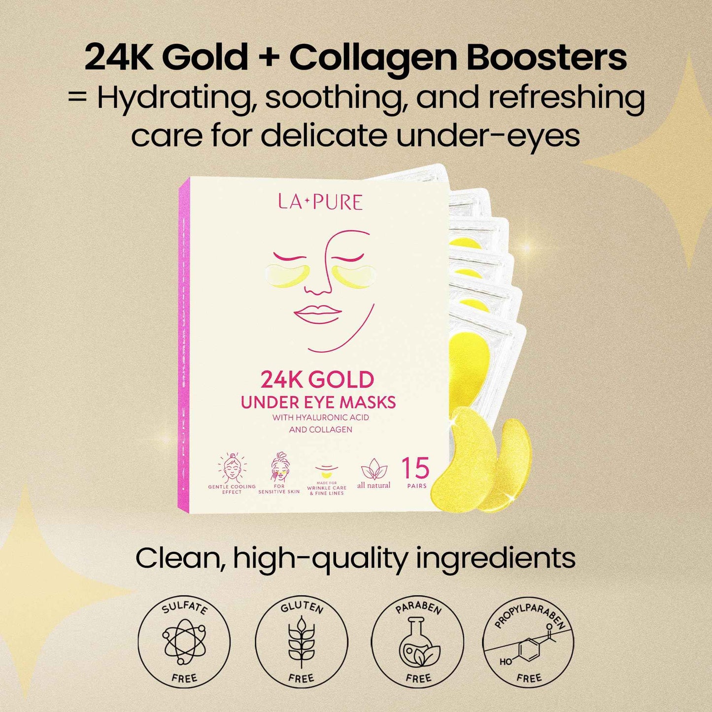 LA PURE 24k Gold Under Eye Mask for Dark Circles and Puffiness, Revitalizing & Non-Irritating Anti Aging Eye Patches with Hyaluronic Acid & Collagen - Dermatologically Tested - 15 Pairs Eye Gel Pads