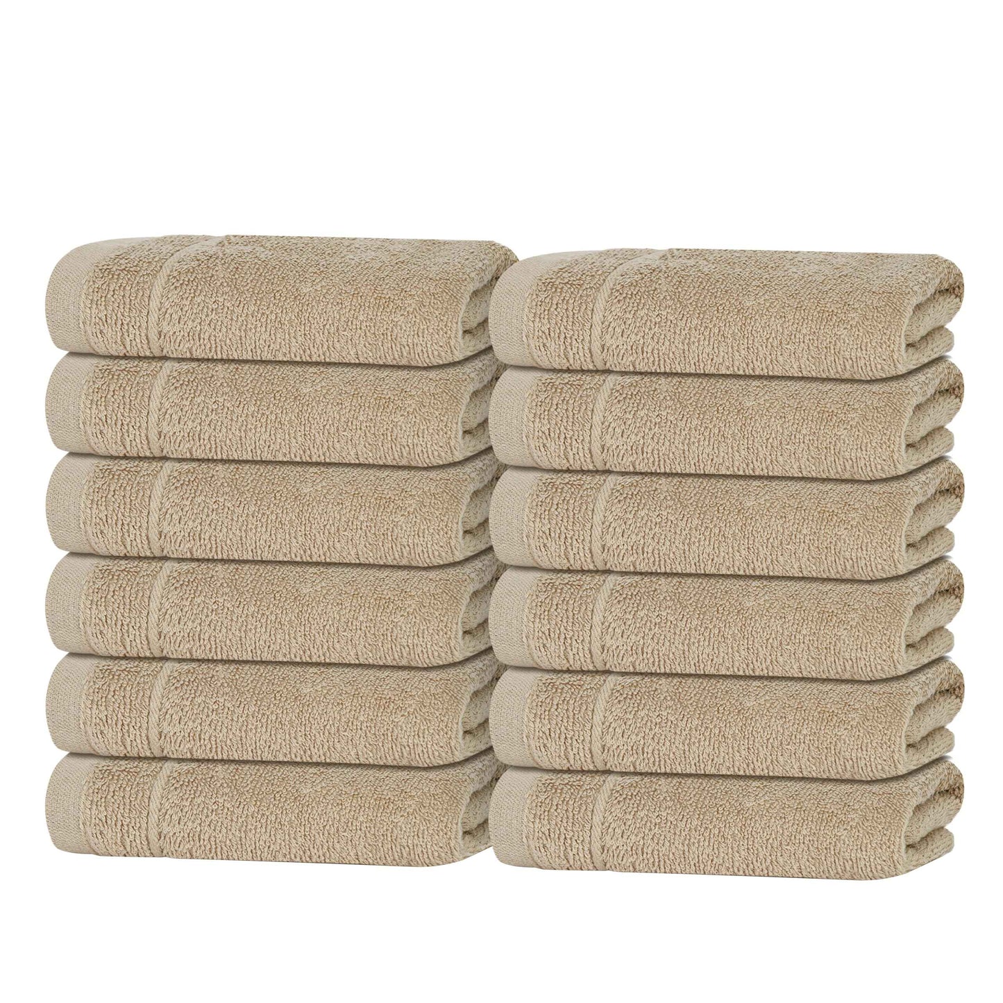 Tens Towels Pack of 12 Washcloths, 12 x 12 Inches, Lighter Weight, Quick to Dry, Super Soft & Absorbent, Gentle Face Towels, Hotel Quality, Perfect for Bathroom, Gym, Spa (Beige, 12 Pack)