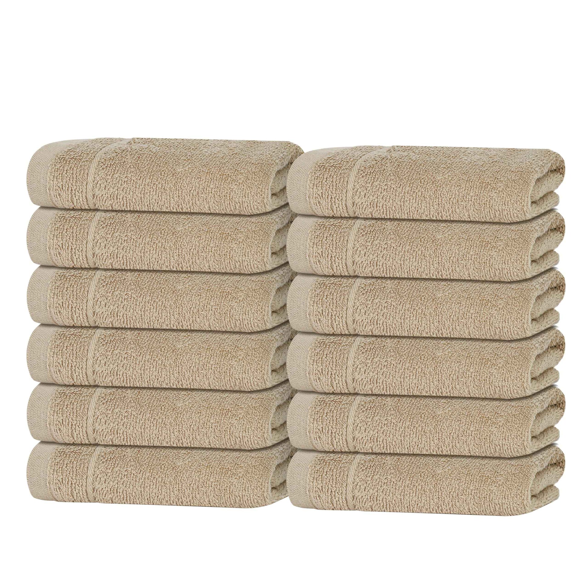 Tens Towels Pack of 12 Washcloths, 12 x 12 Inches, Lighter Weight, Quick to Dry, Super Soft & Absorbent, Gentle Face Towels, Hotel Quality, Perfect for Bathroom, Gym, Spa (Beige, 12 Pack)