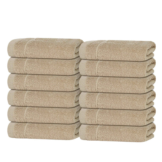 Tens Towels Pack of 12 Washcloths, 12 x 12 Inches, Lighter Weight, Quick to Dry, Super Soft & Absorbent, Gentle Face Towels, Hotel Quality, Perfect for Bathroom, Gym, Spa (Beige, 12 Pack)