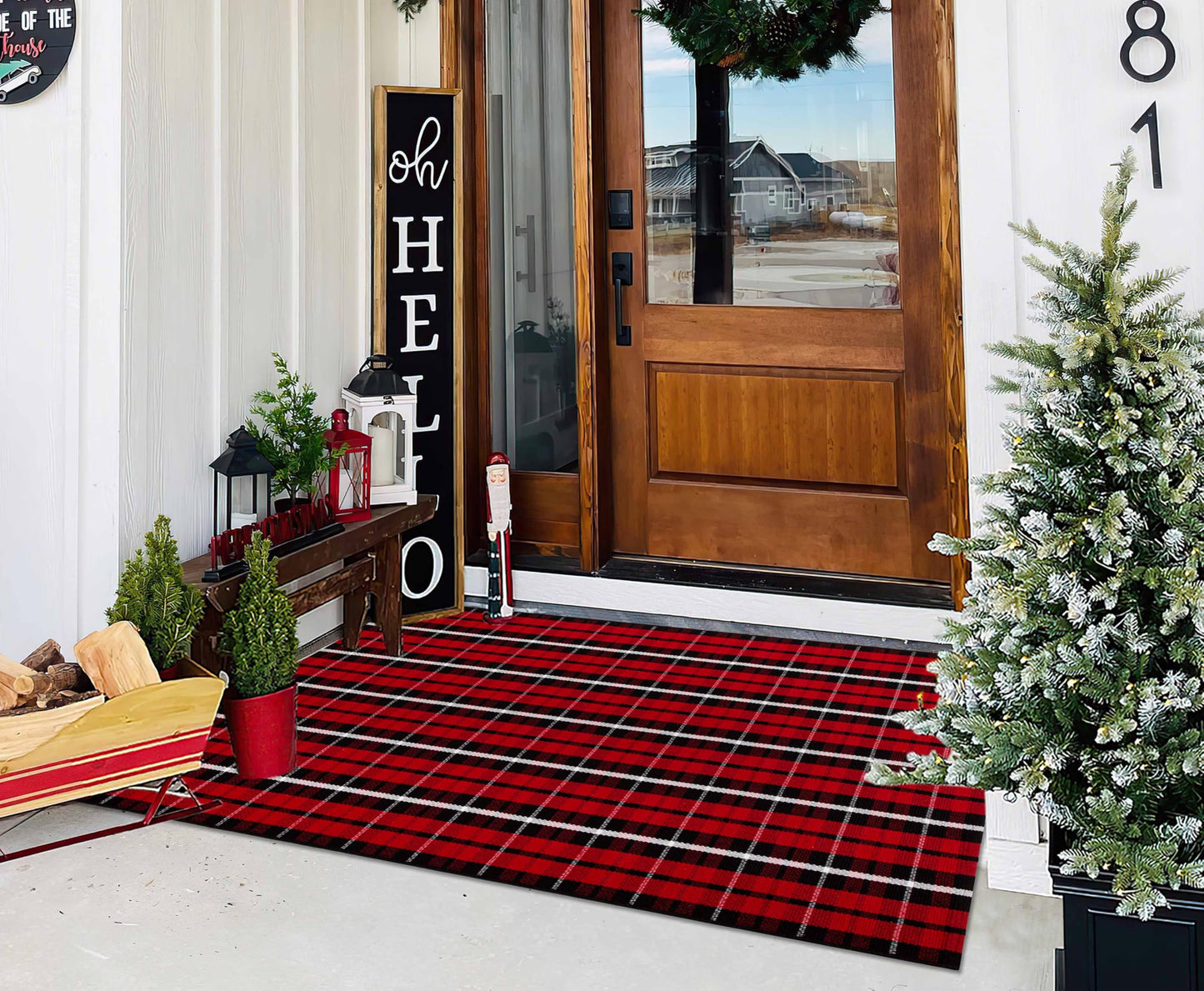 Christmas Checkered Outdoor Rugs 3' x 5'Red Black Buffalo Plaid Front Porch Rug Hand-Woven Machine Washable Indoor/Outdoor Layered Door Mats for Entryway/Bedroom/Outdoor