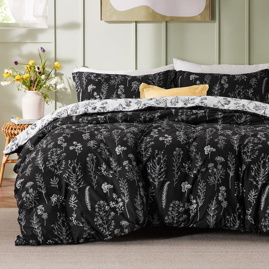 Bedsure Twin/Twin XL Comforter Set Dorm Bedding - Black Comforter, Floral Twin/Twin Extra Long Bedding Comforter Set, 2 Pieces, 1 Reversible Botanical Flowers Comforter and 1 Pillow Sham