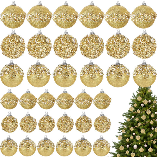 Poen 24 Pcs Glitter Christmas Ball Ornaments Set Christmas Tree Ornaments Hanging Sequin Foam Christmas Balls Decoration for Xmas Tree Wreath Garland Christmas Home Decor Wedding Party(Gold)