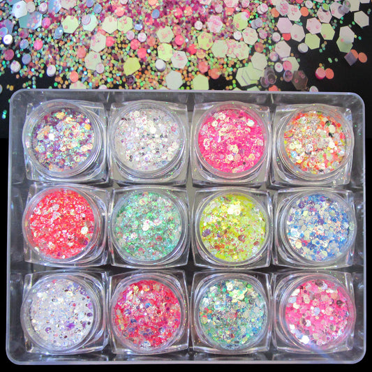 LuckForever 12 Colors Chunky Body Glitters Iridescent White Pink Purple Hexagon Nail Glitters Sequins Flakes Powder for Acrylic Nails Crafts Paints Resin Cosmetics