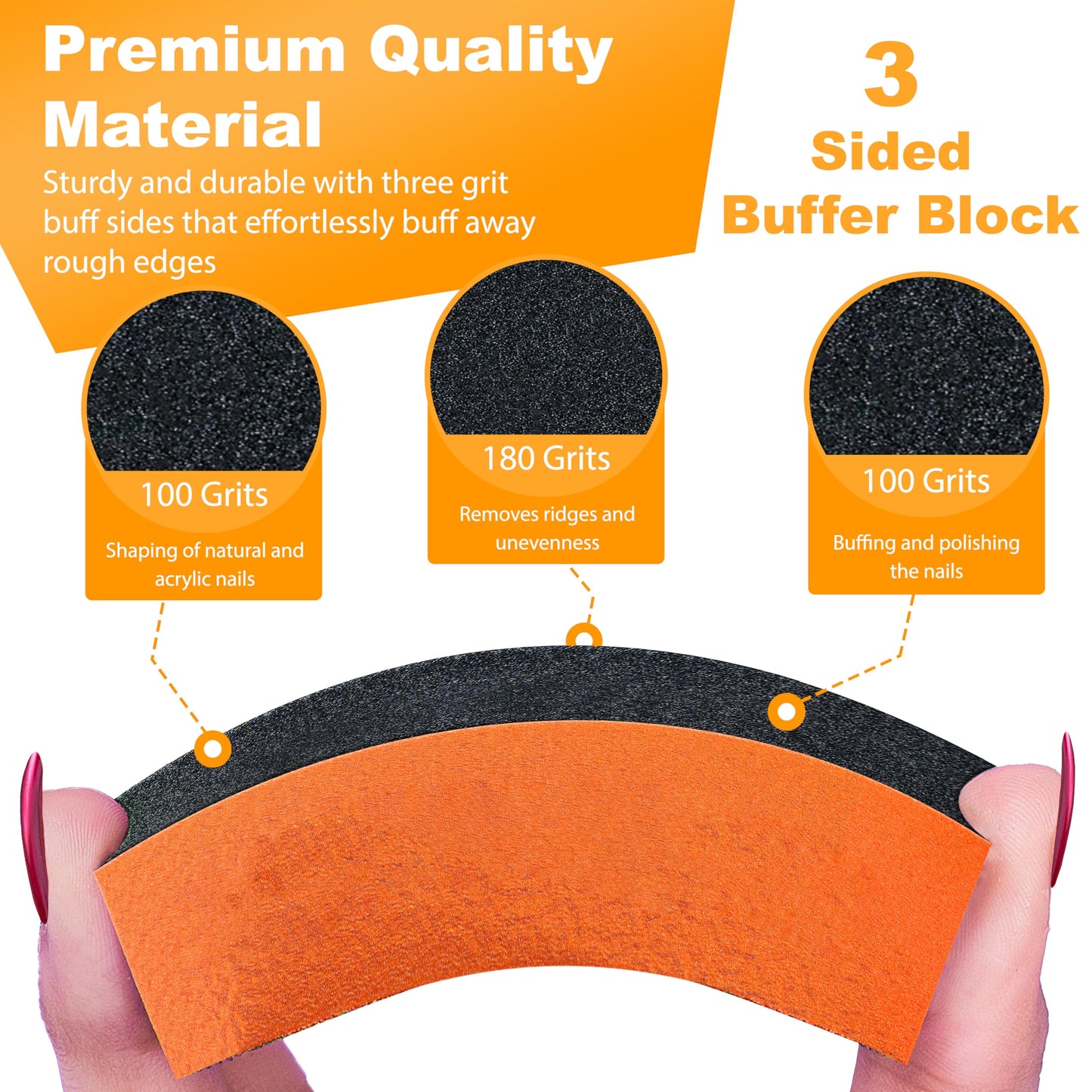 Morary Durable Nail Buffer Sanding Block 100/180/100 Grit Orange Buffer for Buffing Pedicure Tool 5 Pcs