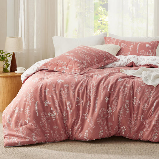 Bedsure Twin/Twin XL Comforter Set Dorm Bedding - Grayish Pink Comforter, Floral Twin/Twin Extra Long Bedding Comforter Set, 2 Pieces, 1 Reversible Botanical Flowers Comforter and 1 Pillow Sham