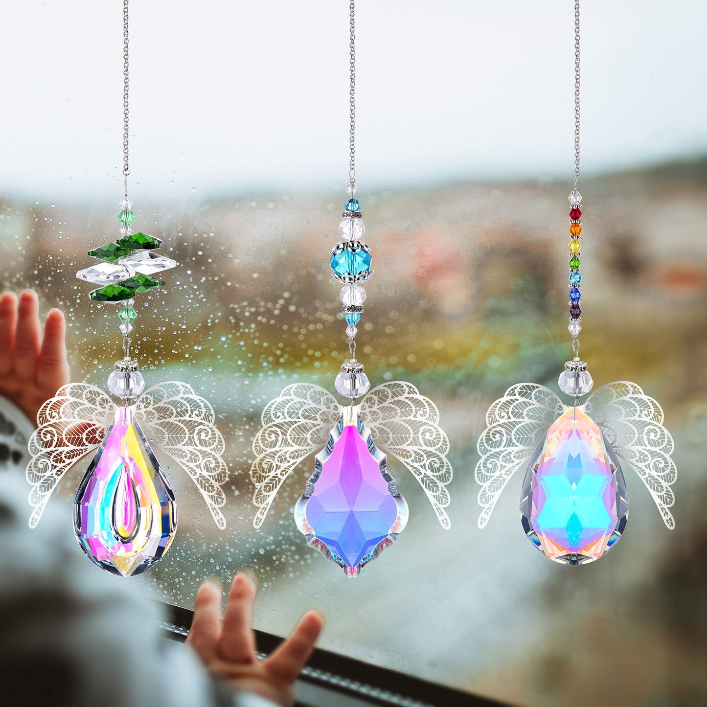 H&D HYALINE & DORA Sun Catcher Hanging Crystal Tree of Life and Metal Angel Wing Decor Rainbow Maker Drops Hang for Window, Home, Car Charms