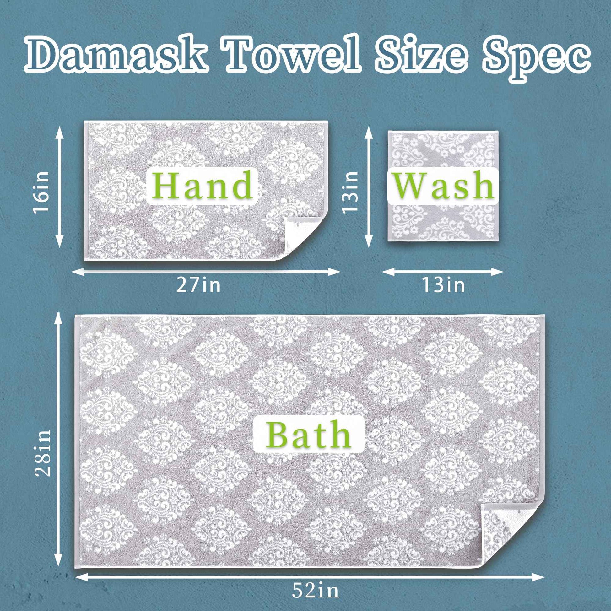 Gray Wash Cloths, Jacquard Washcloths 6 Pack 13"x13" - 100% Cotton | Quick Dry | Thick | Soft | Absorb, Luxury Face Towels for Bathroom & Showering, Jacquard Washcloth Set, Grey + White Damask Pattern